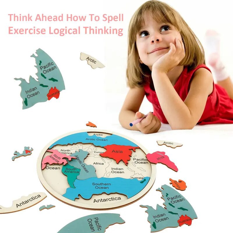 Wooden World Map Puzzle, 7 Continents Geography Learning Toy for Kids 4