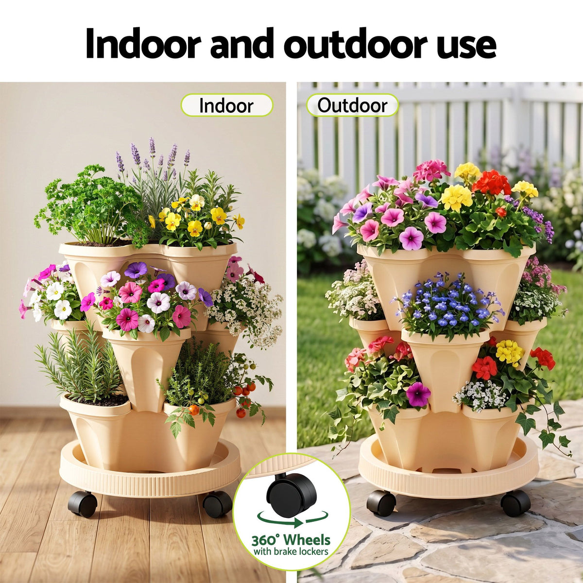 Green Fingers 3 Tier Stackable Vertical Planter Tower Strawberry Pot Wheels