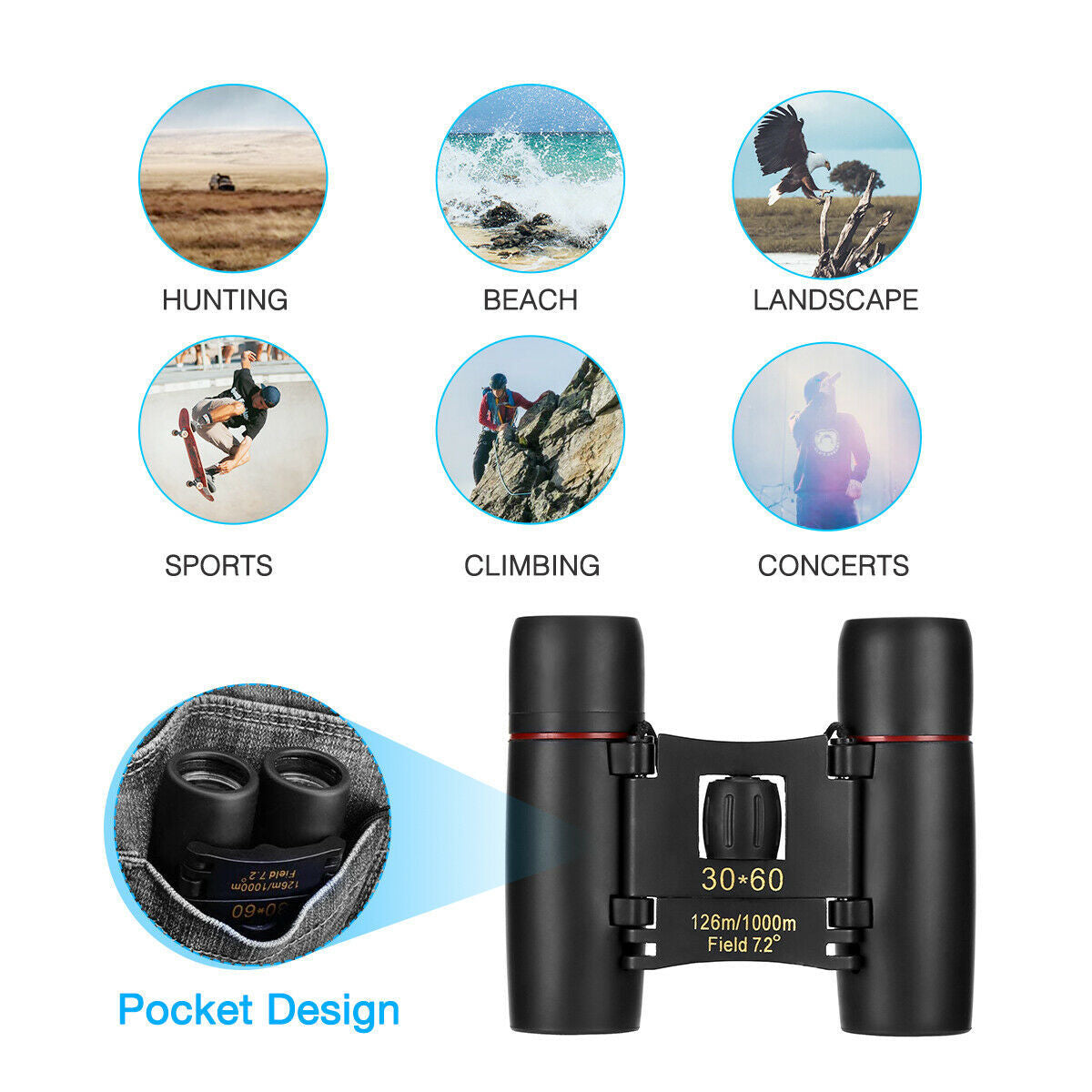 Binoculars 30x60 Zoom Travel Compact Folding Pocket Binoculars