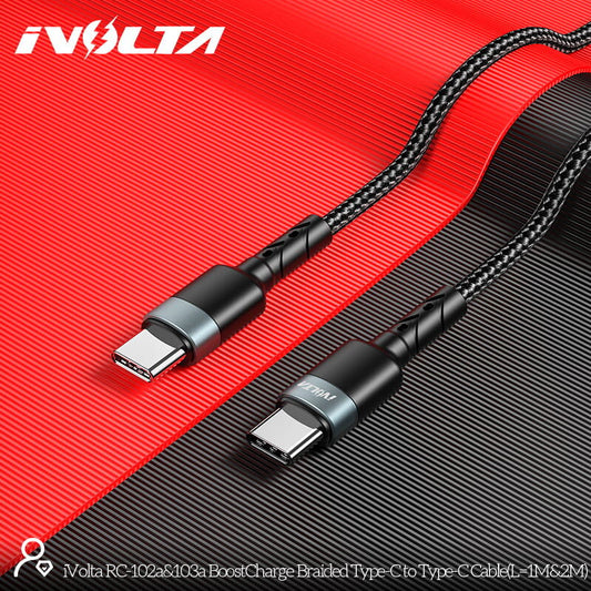 Bundle of 3x- iVolta [RC-102a) 60W BoostCharge 1m Braided Type-C to Type-C Cable