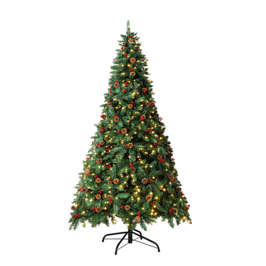8FT Green Christmas Tree with LED Lights and Pine Cones Decorations
