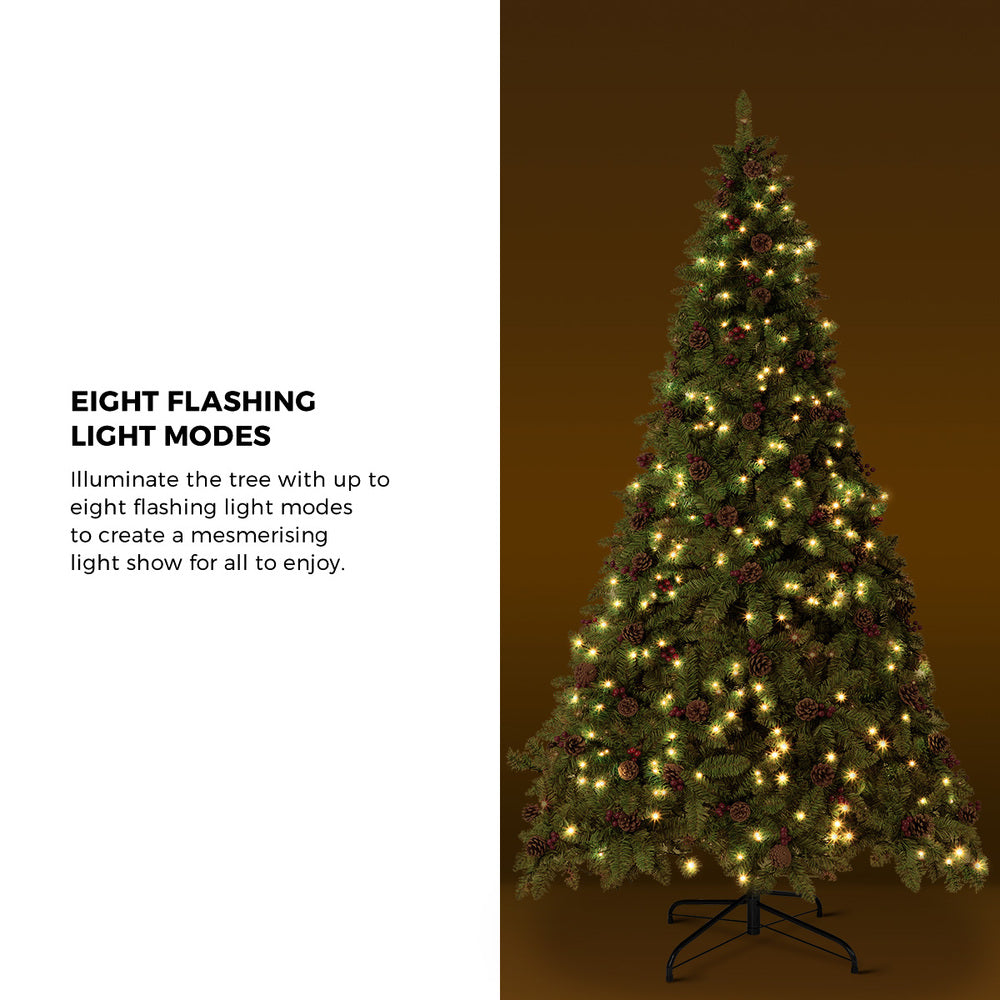 8FT Green Christmas Tree with LED Lights and Pine Cones Decorations