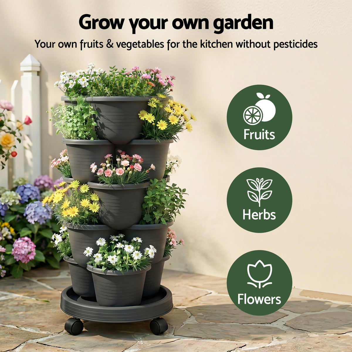 Green Fingers 5 Tier Vertical Garden Planter, Stackable Planters with Wheels