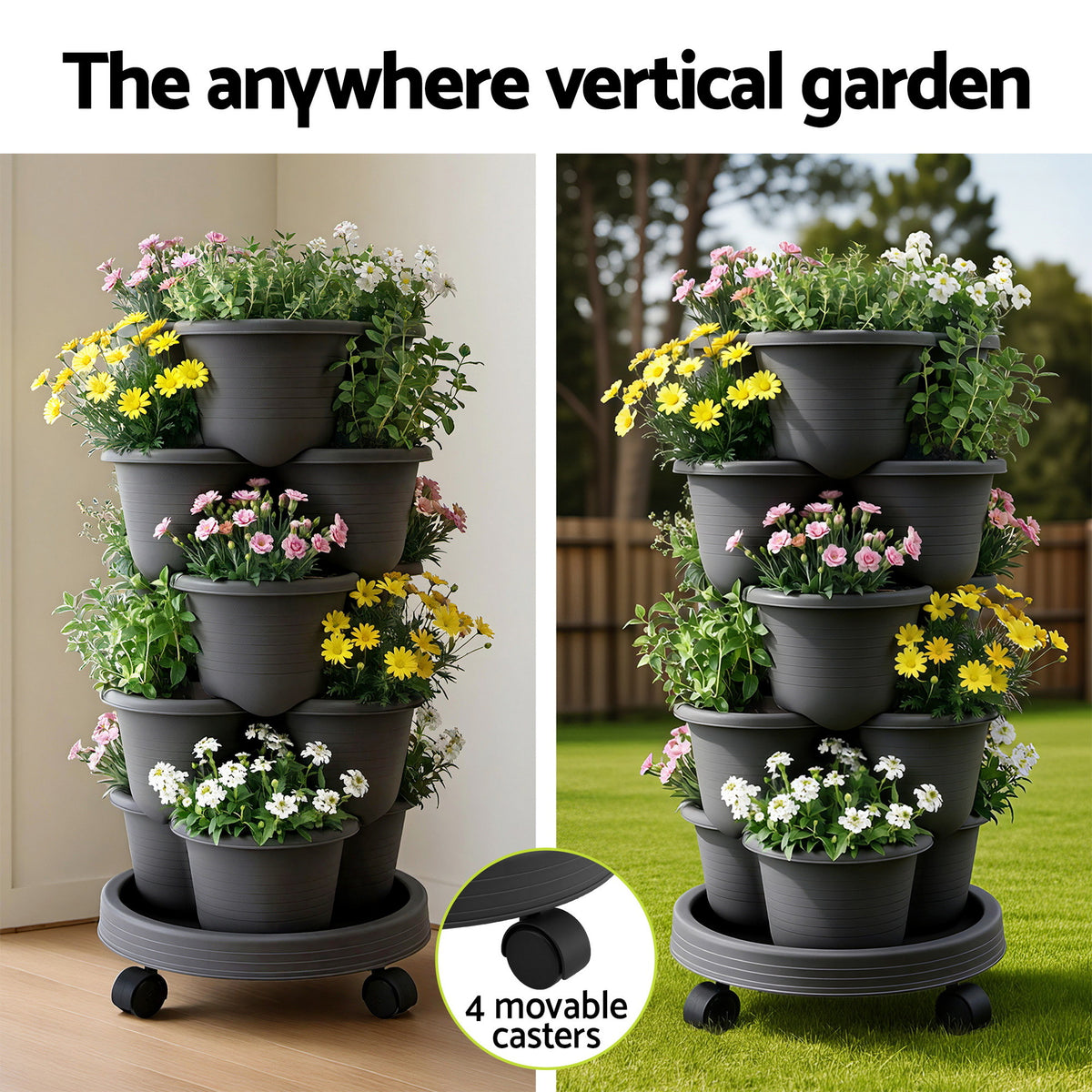 Green Fingers 5 Tier Vertical Garden Planter, Stackable Planters with Wheels