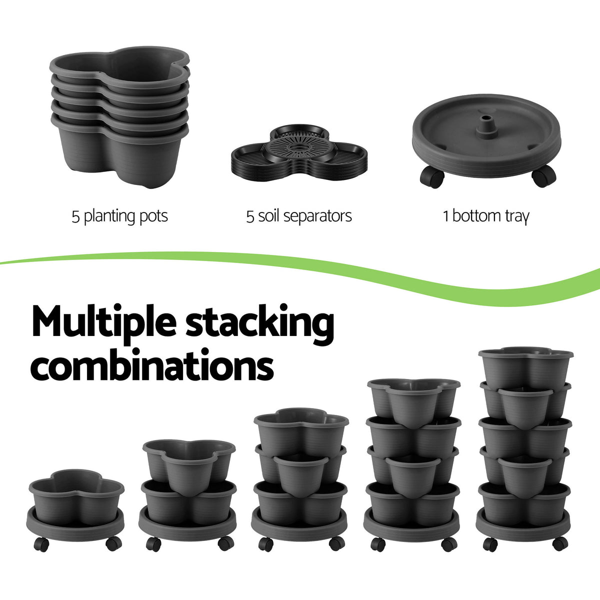 Green Fingers 5 Tier Vertical Garden Planter, Stackable Planters with Wheels