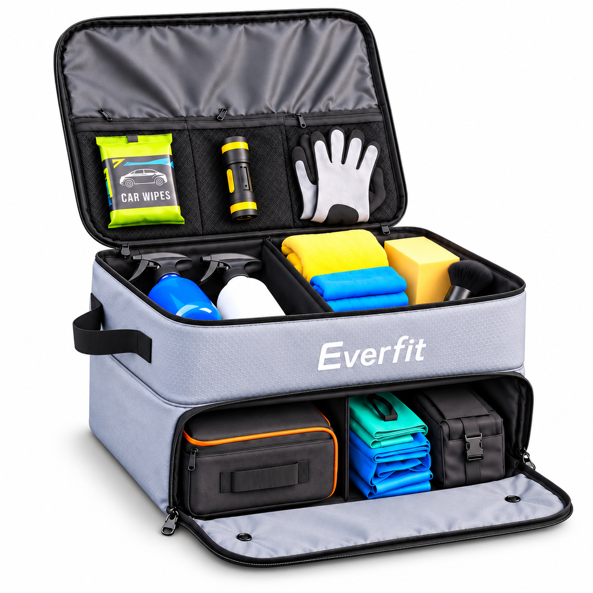 Everfit 2-Tier Car Boot Organiser Storage Bag Trunk Organiser with Ventilated Compartment Grey