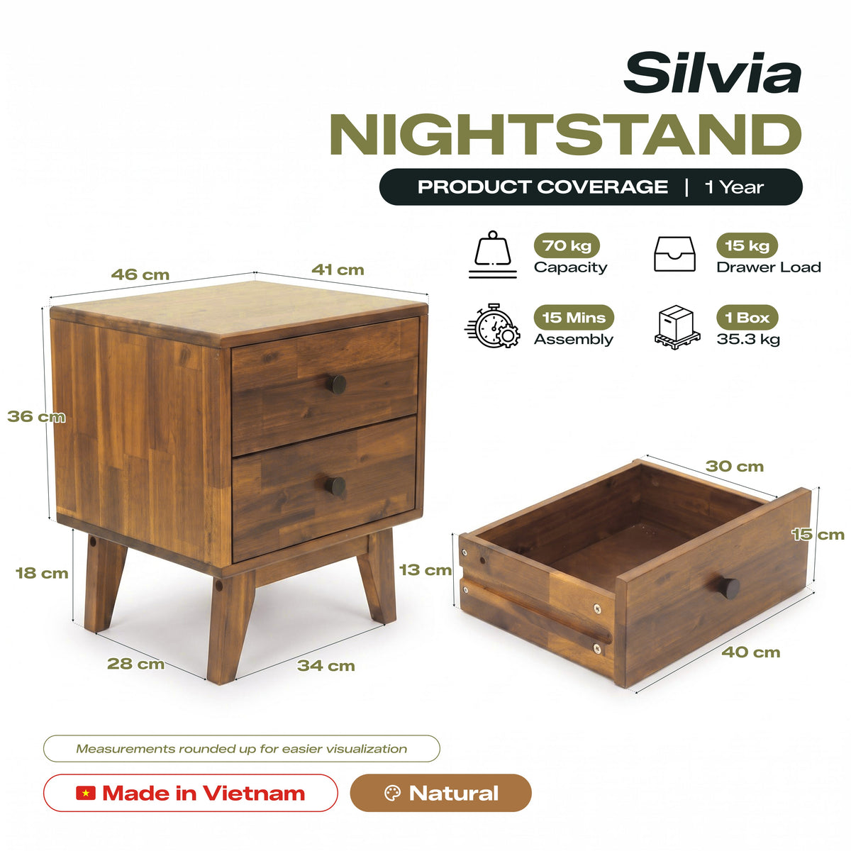 Silvia Solid Wood Bedside Table