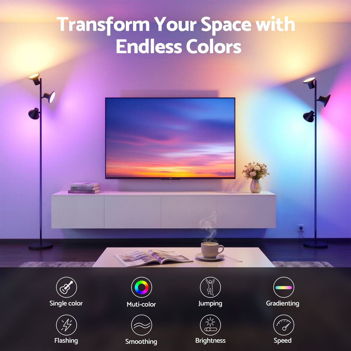 Artiss RGB Floor Lamp LED with 3 Swivel Lights Color Changing Remote Stepless