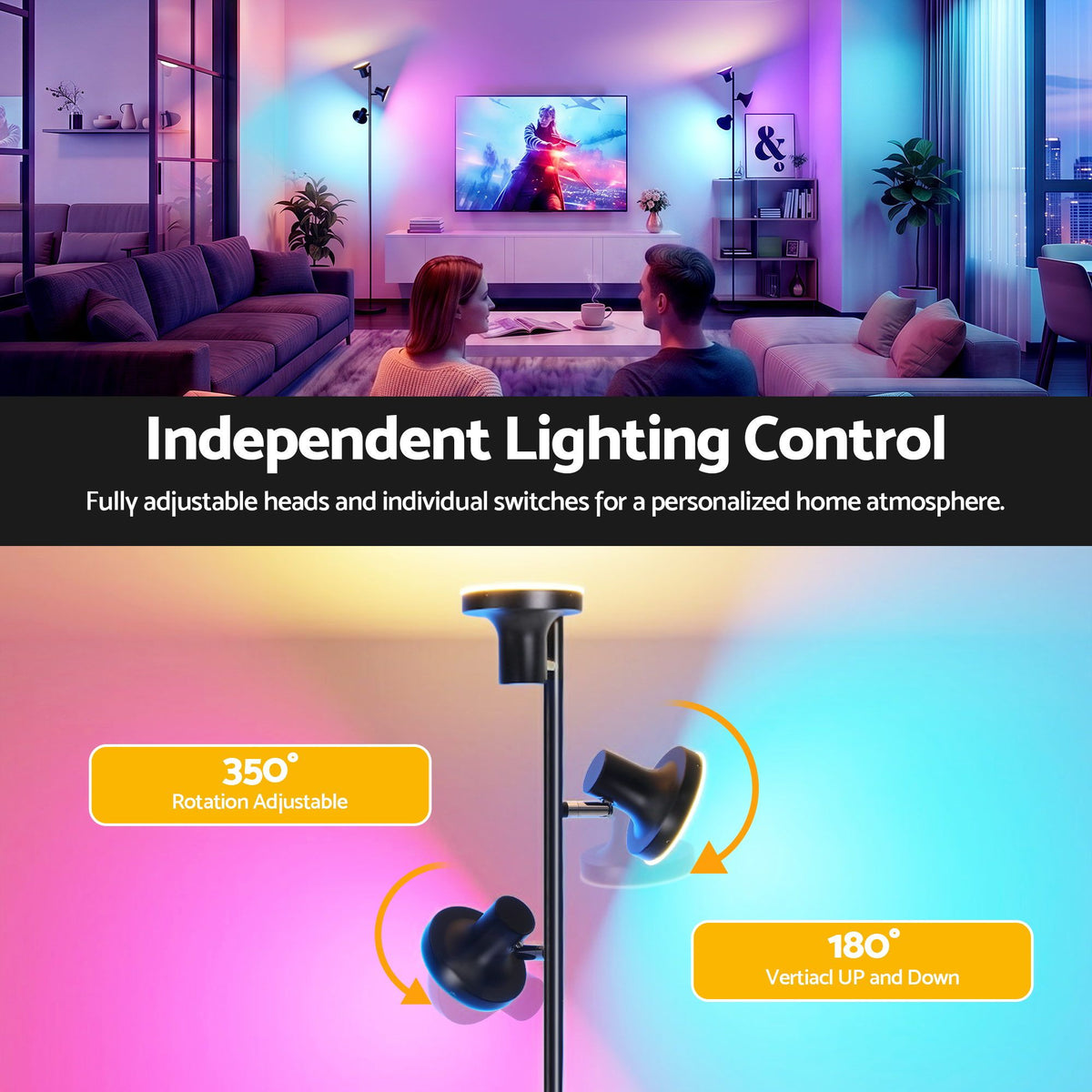 Artiss RGB Floor Lamp LED with 3 Swivel Lights Color Changing Remote Stepless
