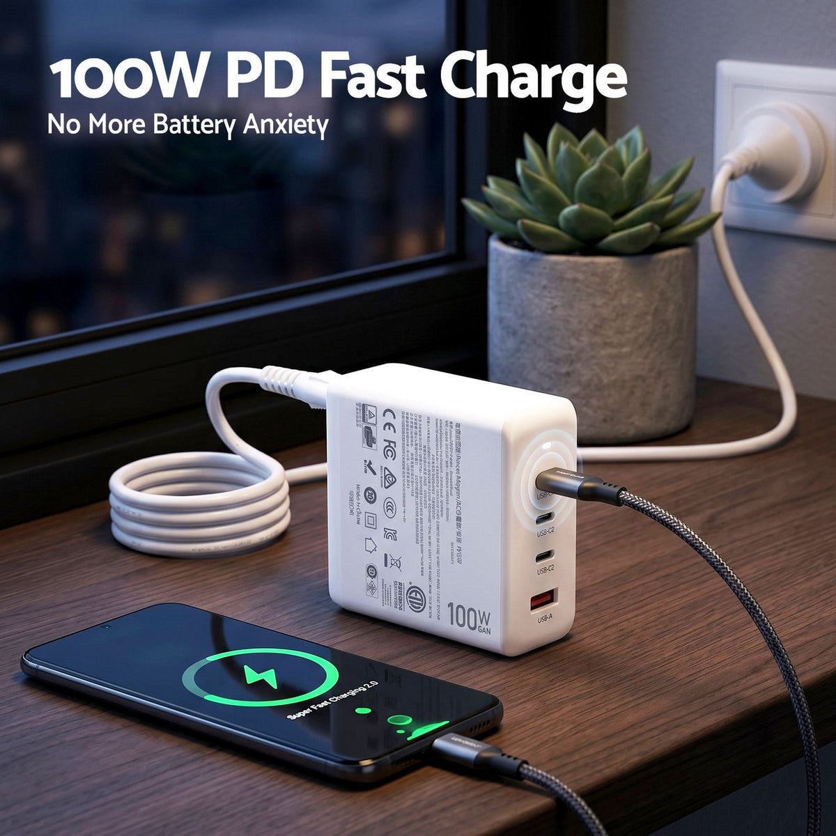 Devanti USB C Charger 100W Fast 4 Port GaN Desktop Station White