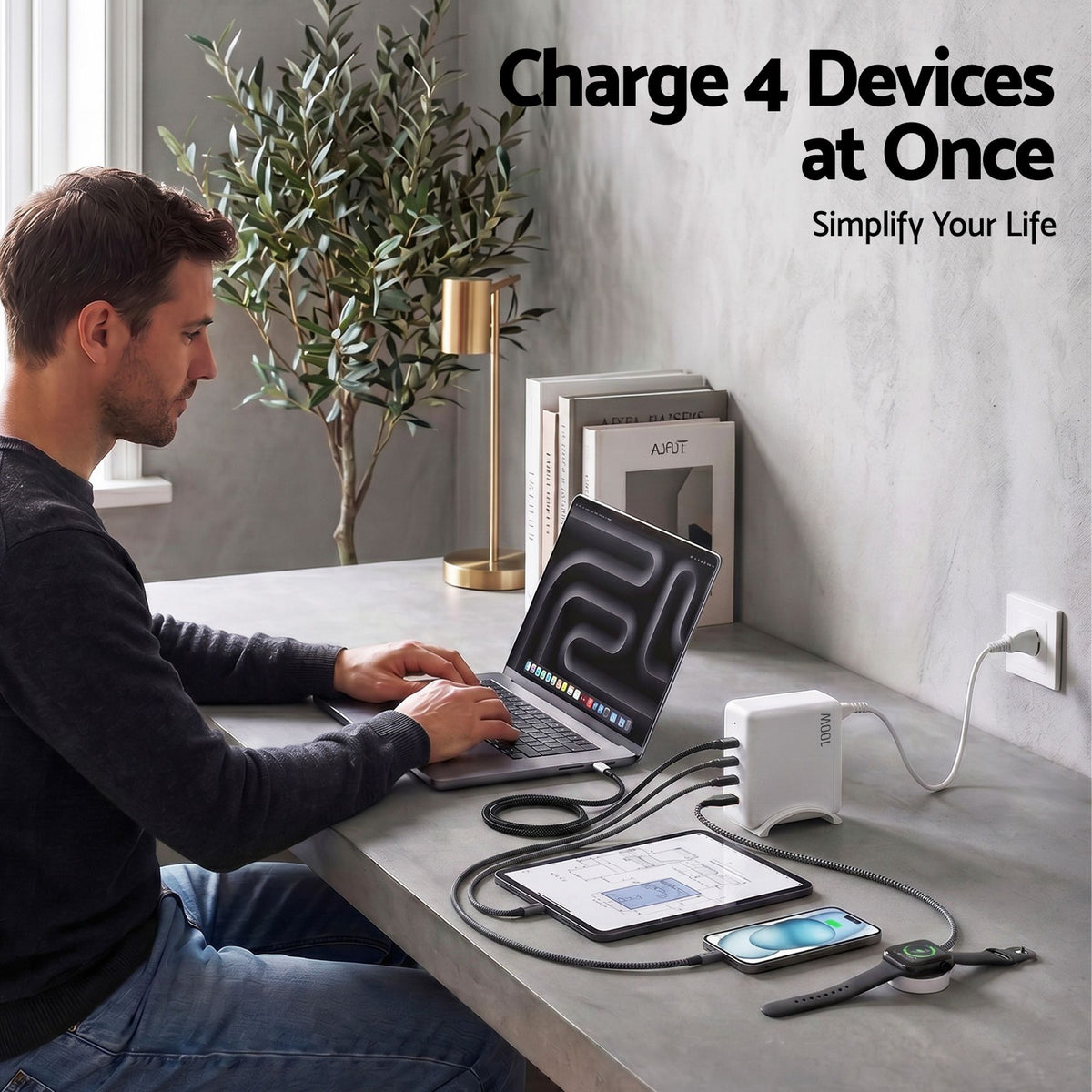 Devanti USB C Charger 100W Fast 4 Port GaN Desktop Station White