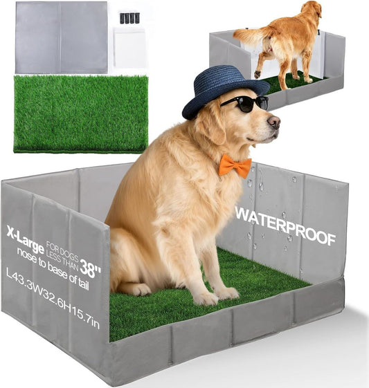 Dog Grass Pad with Tray, Foldable Litter Box High Wall, Indoor Potty, Easy Clean Puppy Pee Pad Holder with Artificial Grass Patch - Gray - X-Large