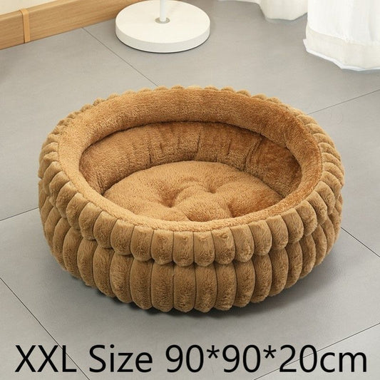 Large Removable Faux Rabbit Fur Round Pet Bed, Thick Cushion Moisture-Proof All Season Pet Rest