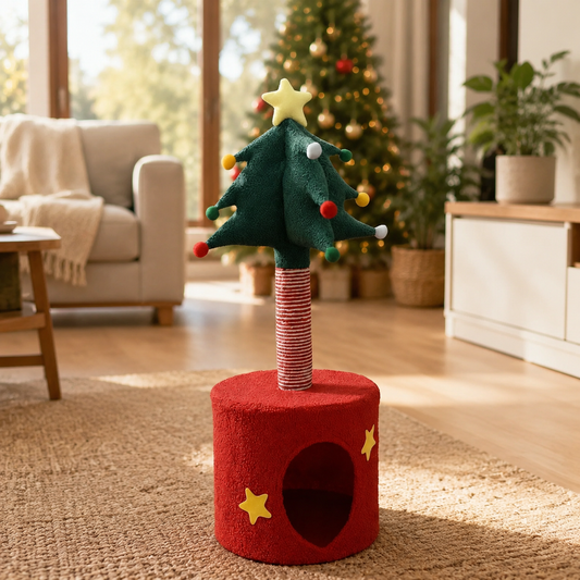 Festive Christmas Tree Cat Scratcher and Cozy Hideaway Condo - All-in-One Cat Furniture with Plush Cave