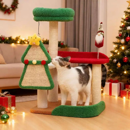 Festive Christmas Cat Tree with Multi-Level Scratching Posts, Cozy Top Perch, and Dangling Toys (50*40*75CM)