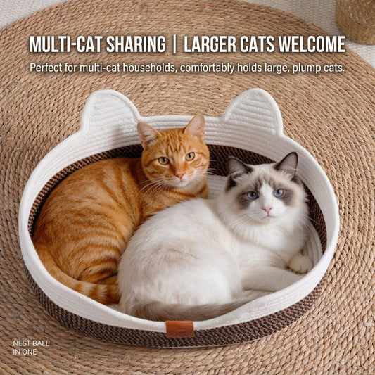 Handwoven Cotton Rope Cat Bed with Adorable Cat-Ear Design, Breathable Oval Nest with Front Opening