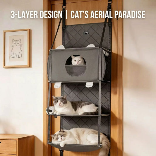 Space-Saving Door Hanging Cat Shelves with Cozy Enclosed Condo and Open Lounging Platforms, Four-Tier Vertical Climbing Haven (Grey)