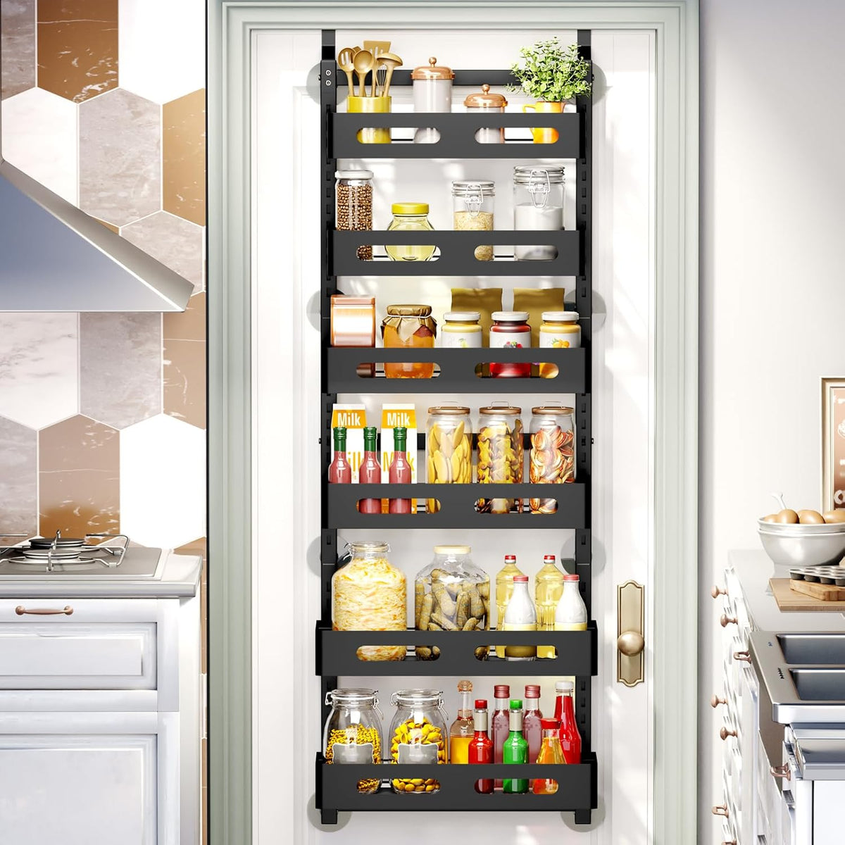 CARLA HOME 6 Tier Over the Door Organizer with Adjustable Metal Pantry Storage Rack and Hanging Baskets for Kitchen and Bathroom