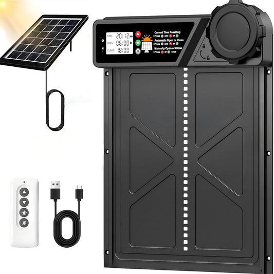 CARLA HOME Solar Automatic Chicken Coop Door with Timer, Light Sensor, Remote Control, Anti-Pinch, LED Screen