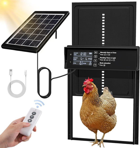 CARLA HOME Automatic Chicken Coop Door Solar Powered with 4 Mode Timer & Light Sensor, Anti-Pinch & USB Charging
