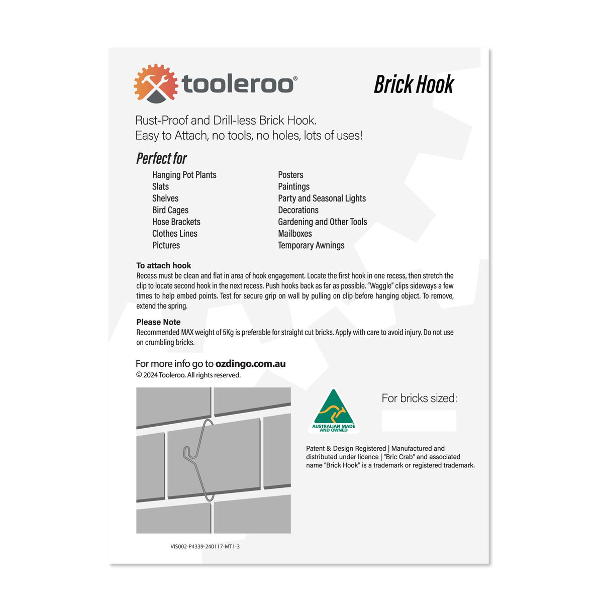 Tooleroo 5 Pack 155-165mm (6-6.5") Brick Hooks - Wall Clips Hangers
