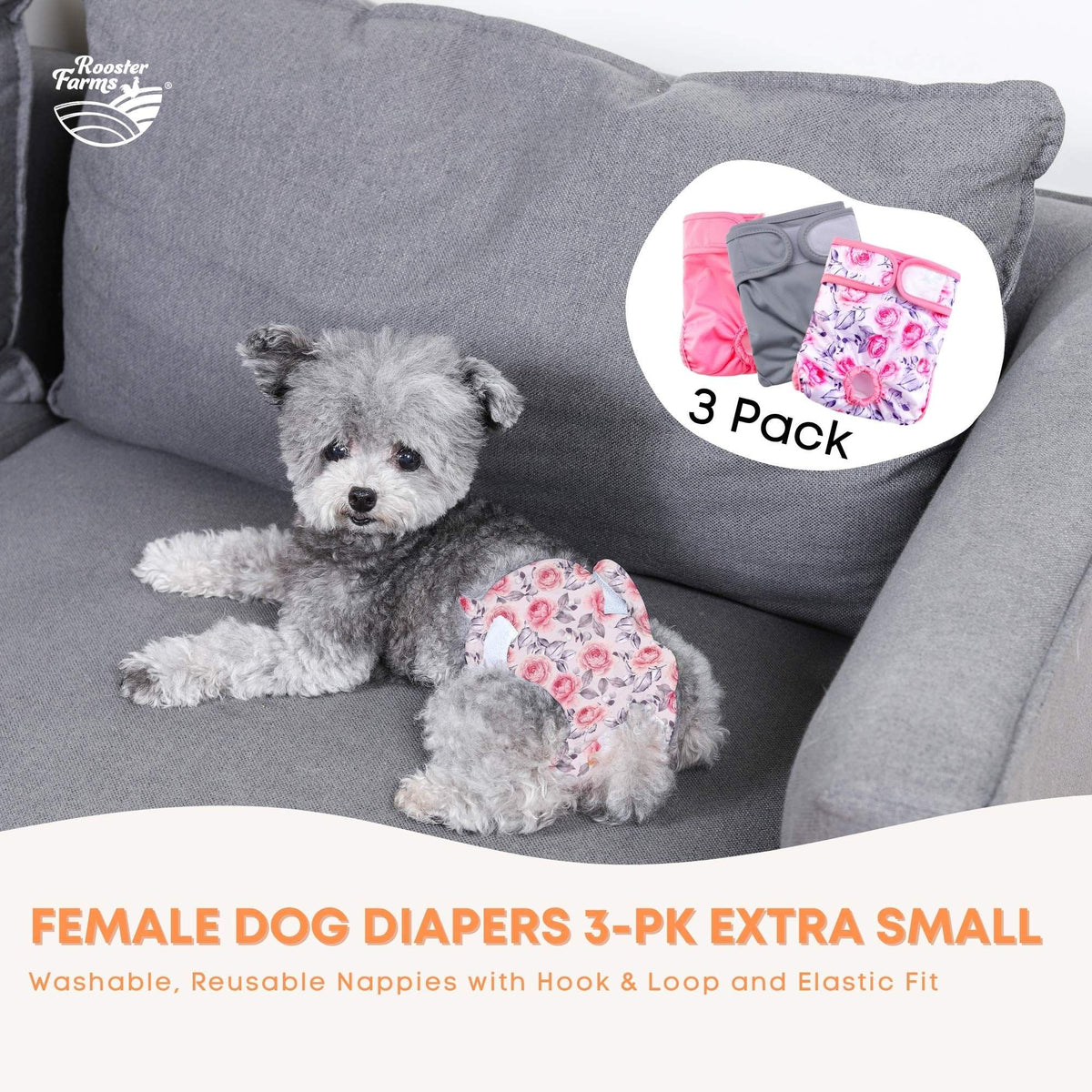 Rooster Farms Female Dog Nappies XSmall 3-Pack, Washable