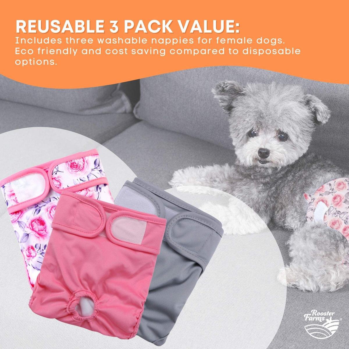 Rooster Farms Female Dog Nappies XSmall 3-Pack, Washable