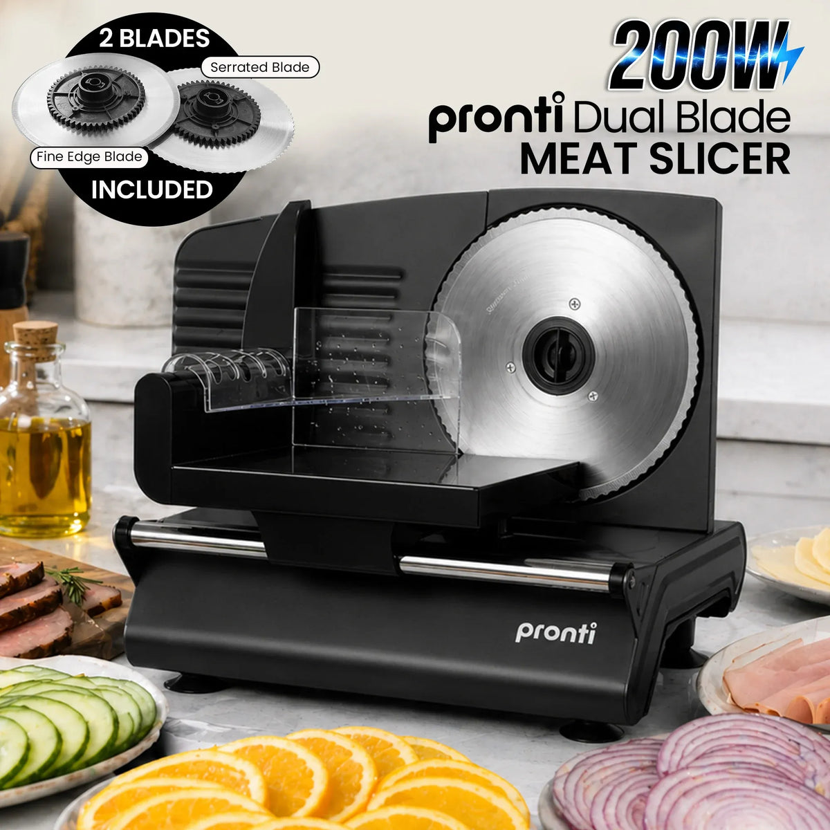 Pronti Black Electric Food Slicer 200W with Adjustable Thickness 1 to 15mm