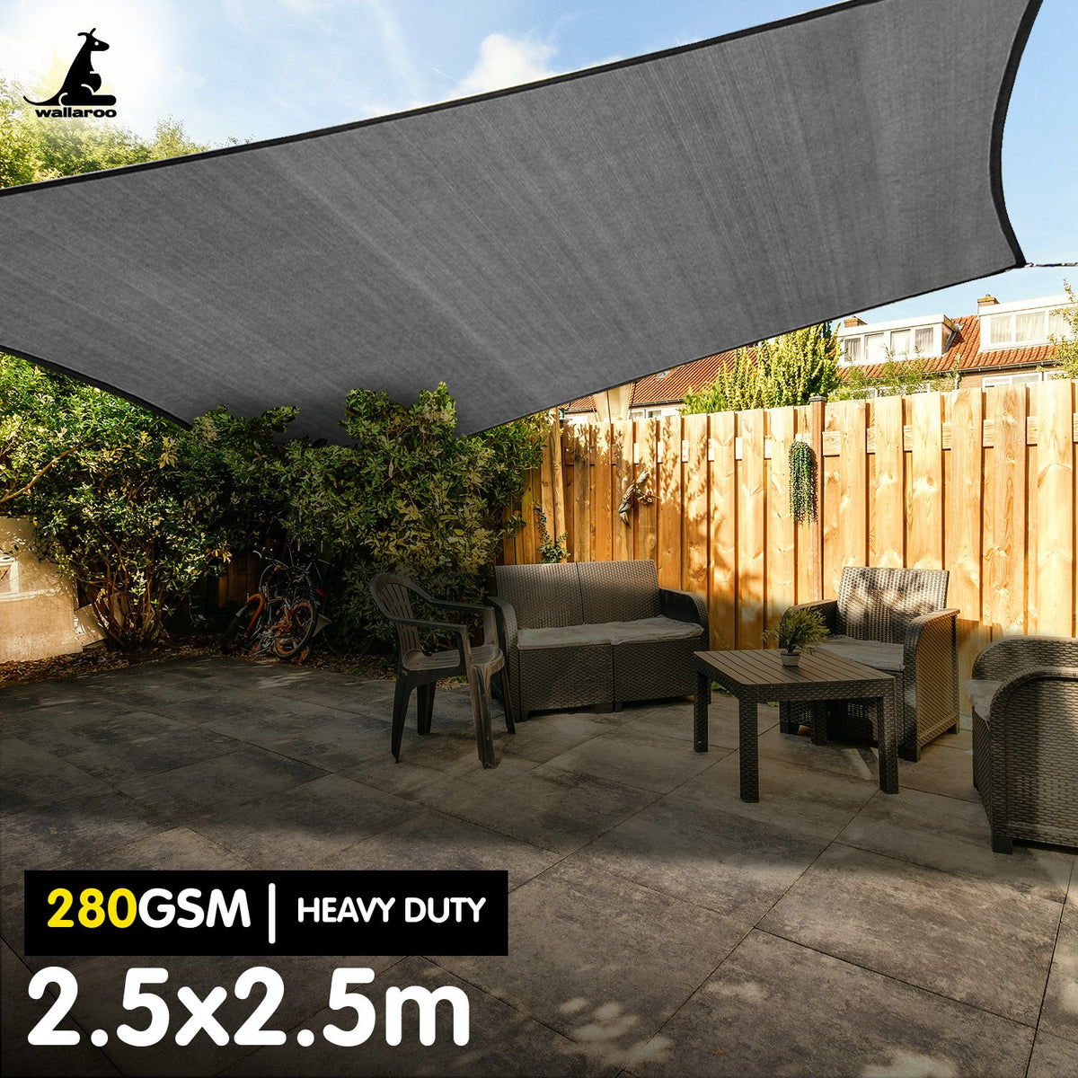 Wallaroo 280gsm Outdoor Sun Shade Sail Canopy Grey Square 2.5m X
