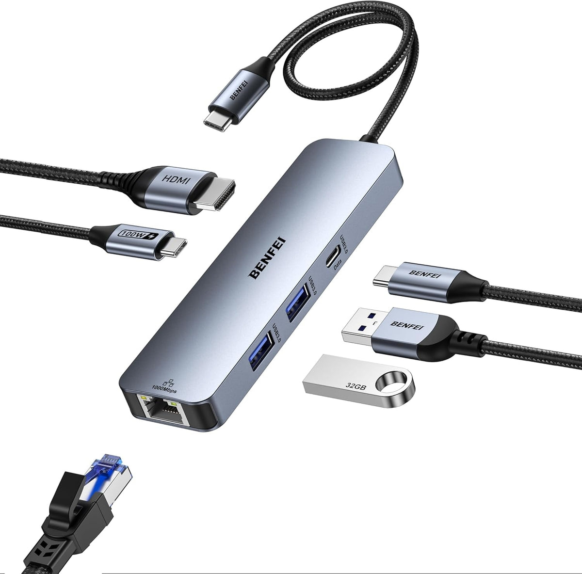 BENFEI 6-in-1 USB C Hub HDMI 4K, 3x USB 3.0, SD/TF Card Reader, 60W PD