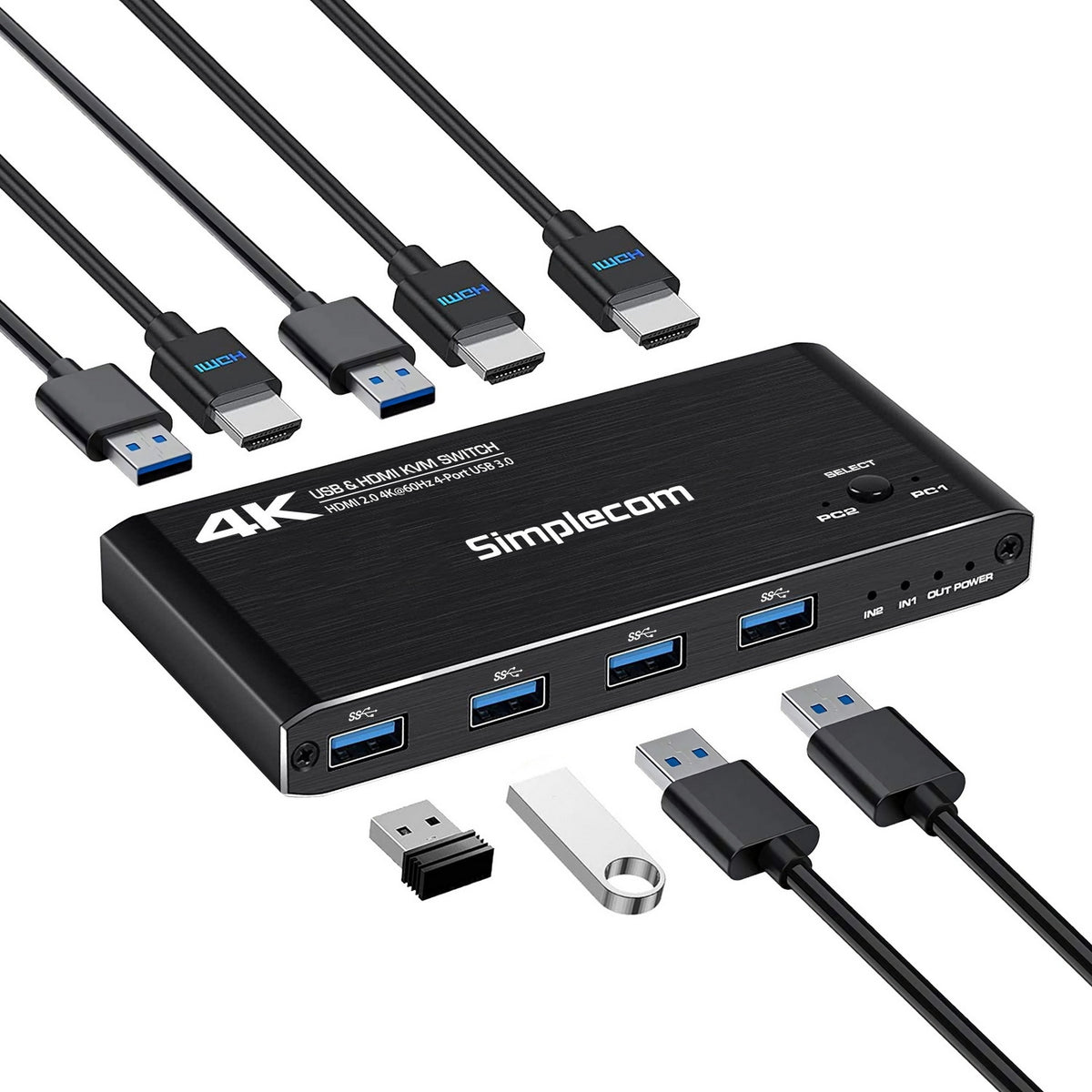 Simplecom KM420 2-Port HDMI KVM Switch 2.0 4K@60Hz 4-Port USB 3.0 Hub 5Gbps
