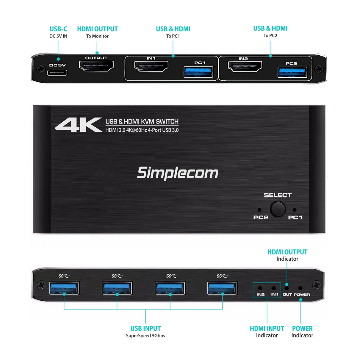 Simplecom KM420 2-Port HDMI KVM Switch 2.0 4K@60Hz 4-Port USB 3.0 Hub 5Gbps
