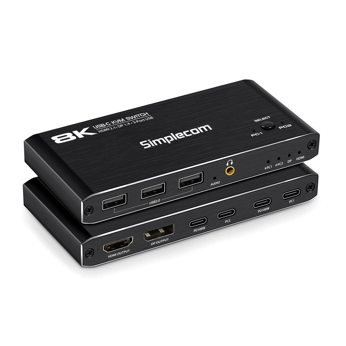 Simplecom KM470 2-Port USB-C KVM Switch 8K Docking Station HDMI 2.1 DP