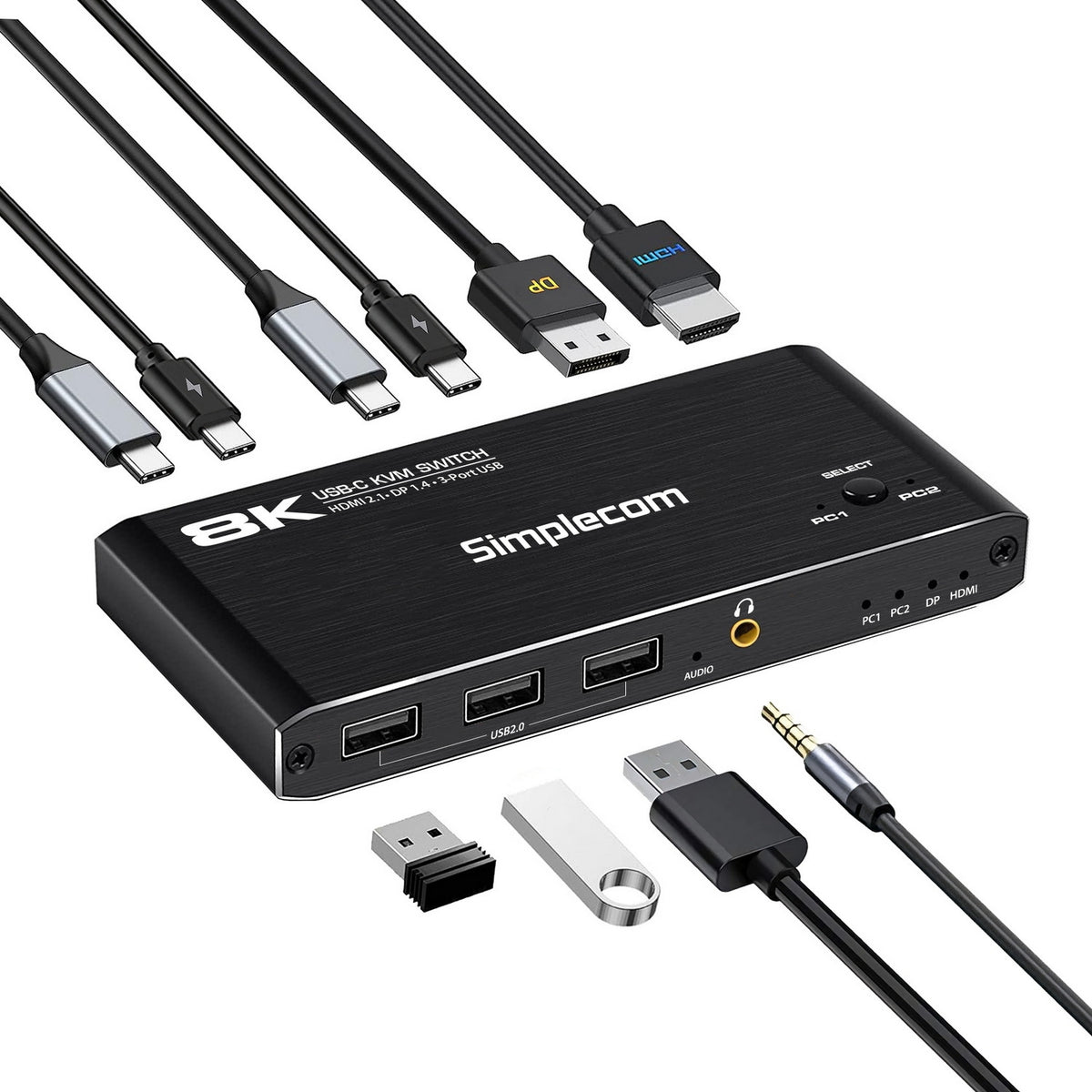 Simplecom KM470 2-Port USB-C KVM Switch 8K Docking Station HDMI 2.1 DP