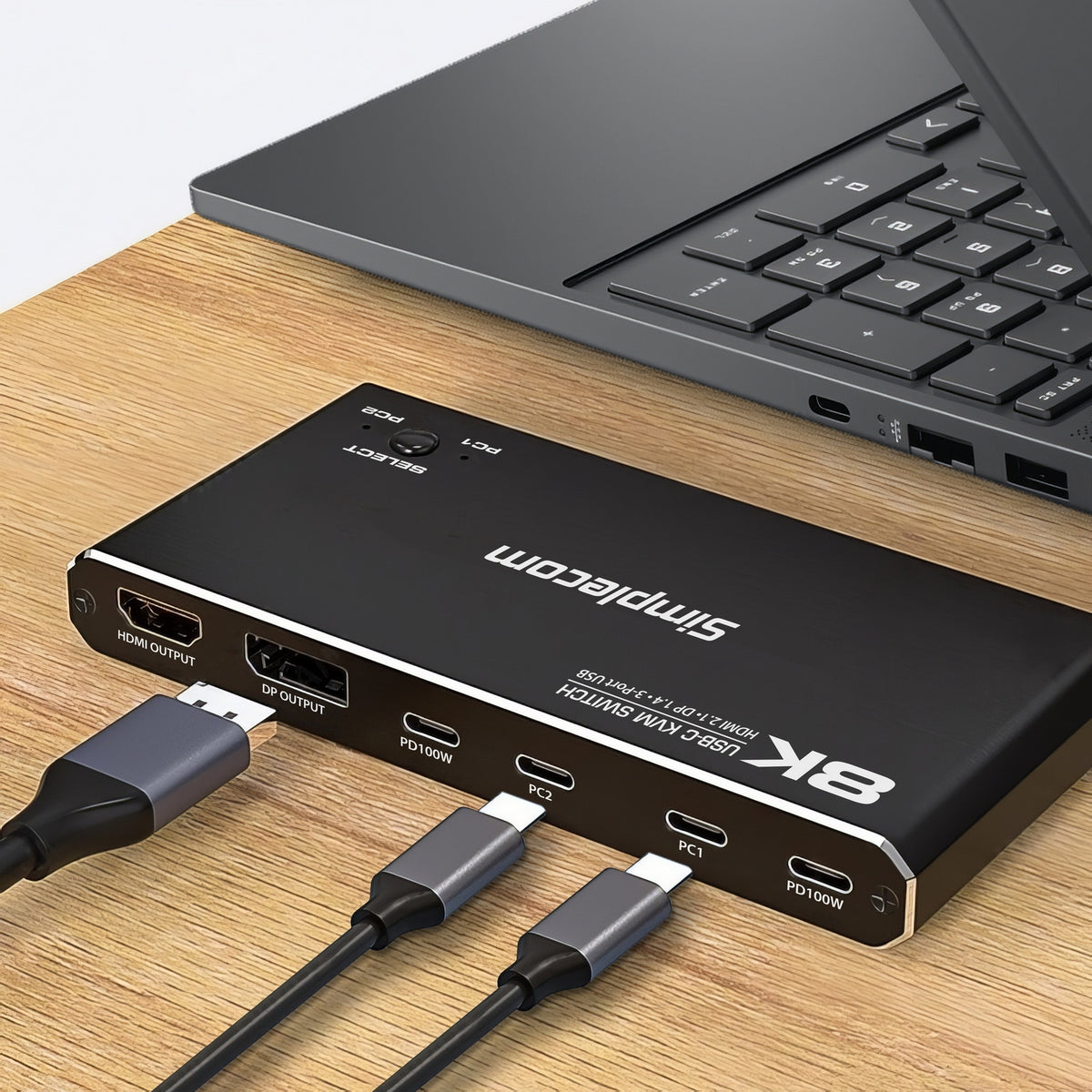 Simplecom KM470 2-Port USB-C KVM Switch 8K Docking Station HDMI 2.1 DP