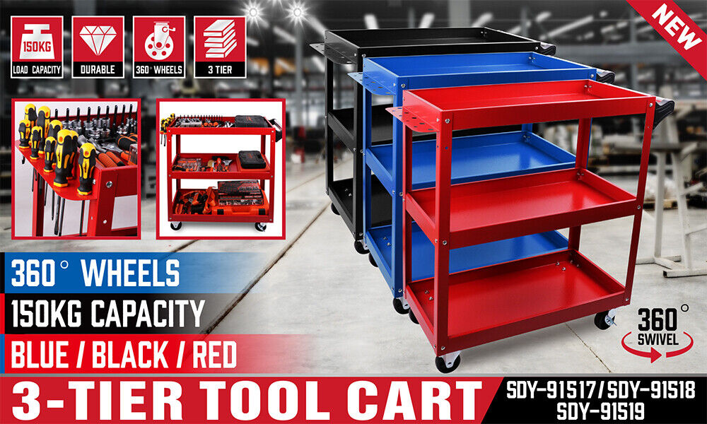 Red 3-Tier Tool Cart Trolley Toolbox Workshop Garage Storage 150KG Organizer Garage 3