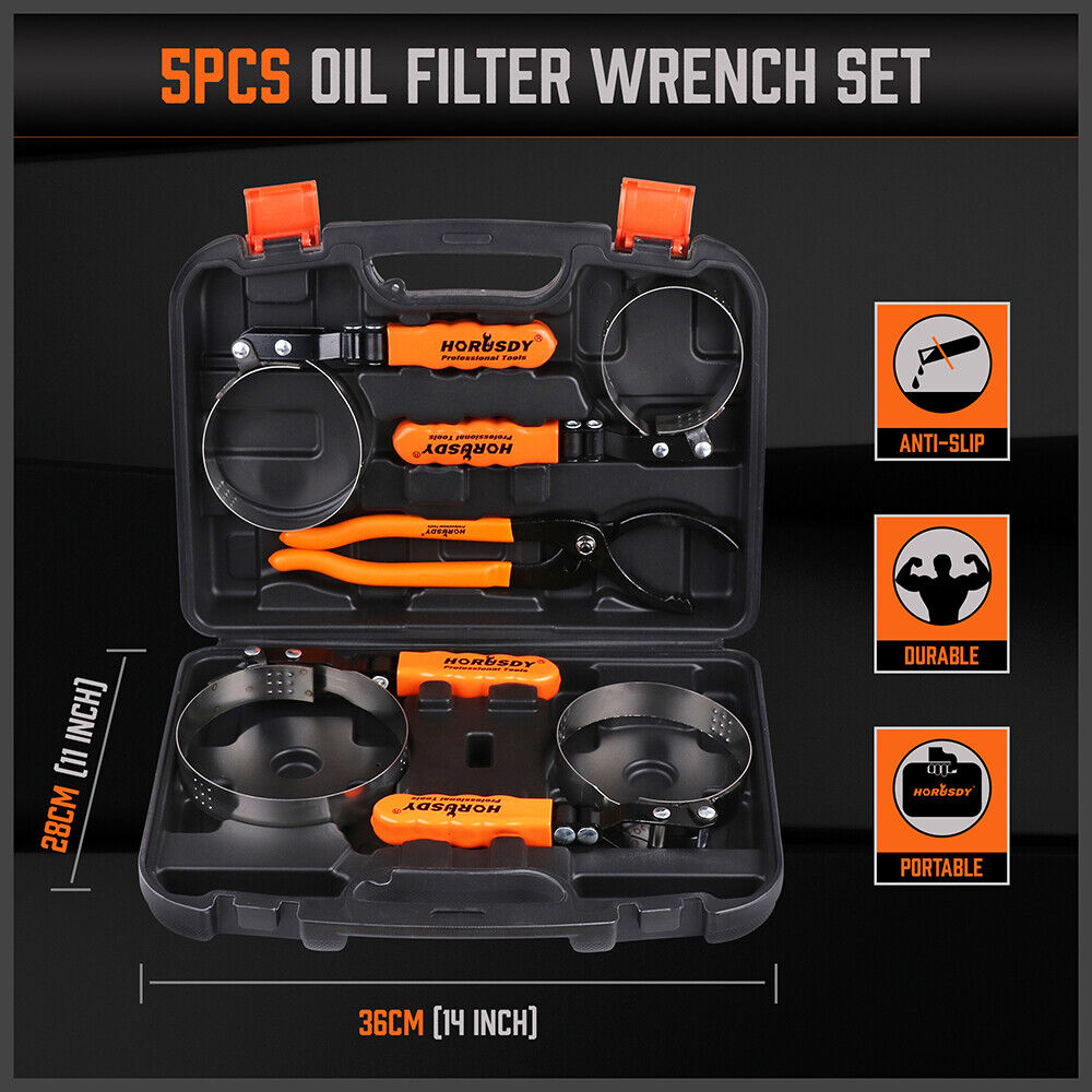 HORUSDY 5Pc Oil Filter Wrench Set Swivel Grip Steel Belt Spanner Universal