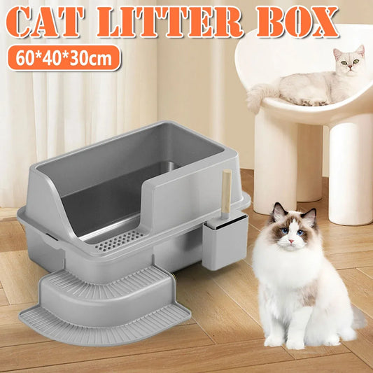 Semi Enclosed Large Stainless Steel Cat Litter Box Durable Easy Clean Cat Toilet