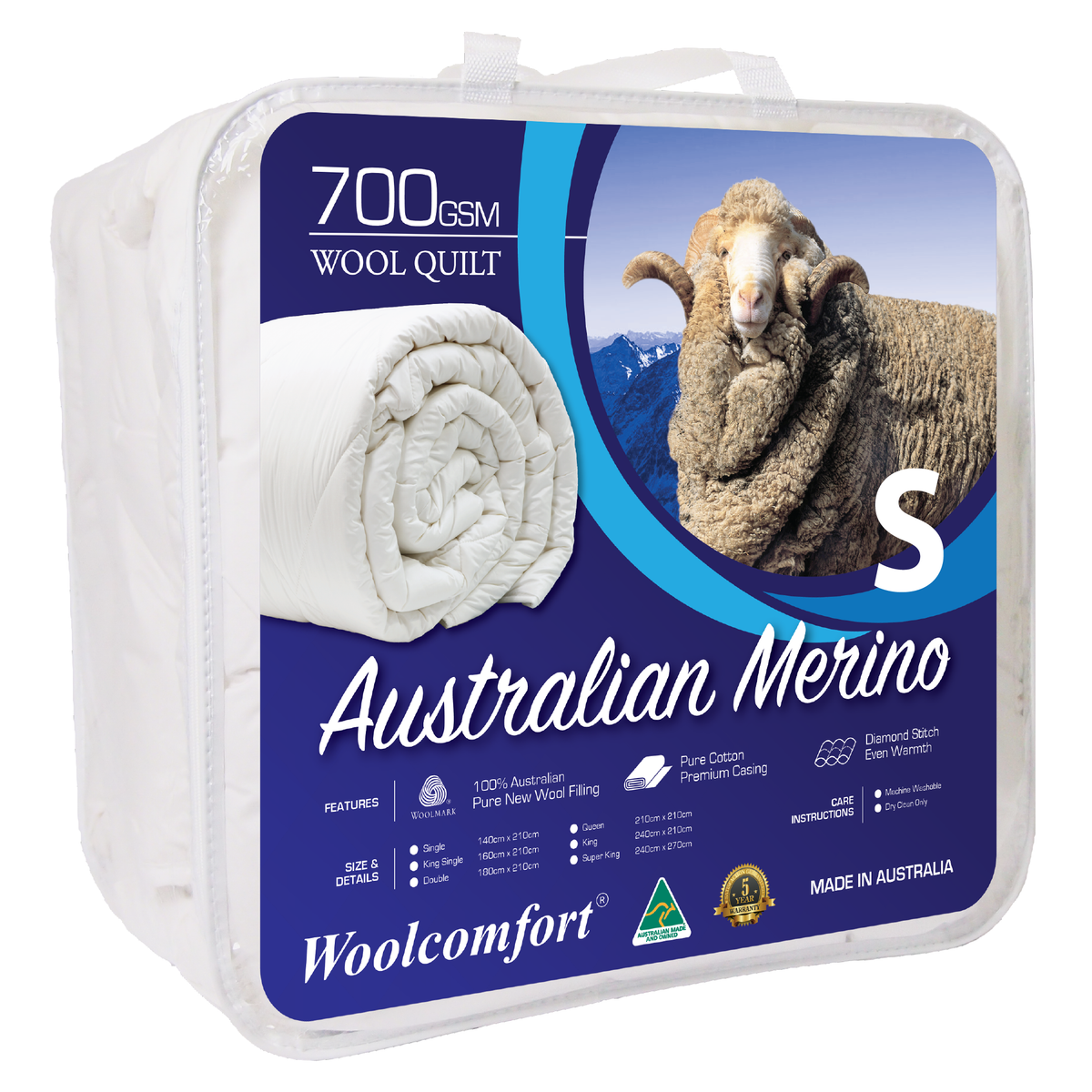 Woolcomfort Australian Made Merino Wool Quilt 700GSM, Single