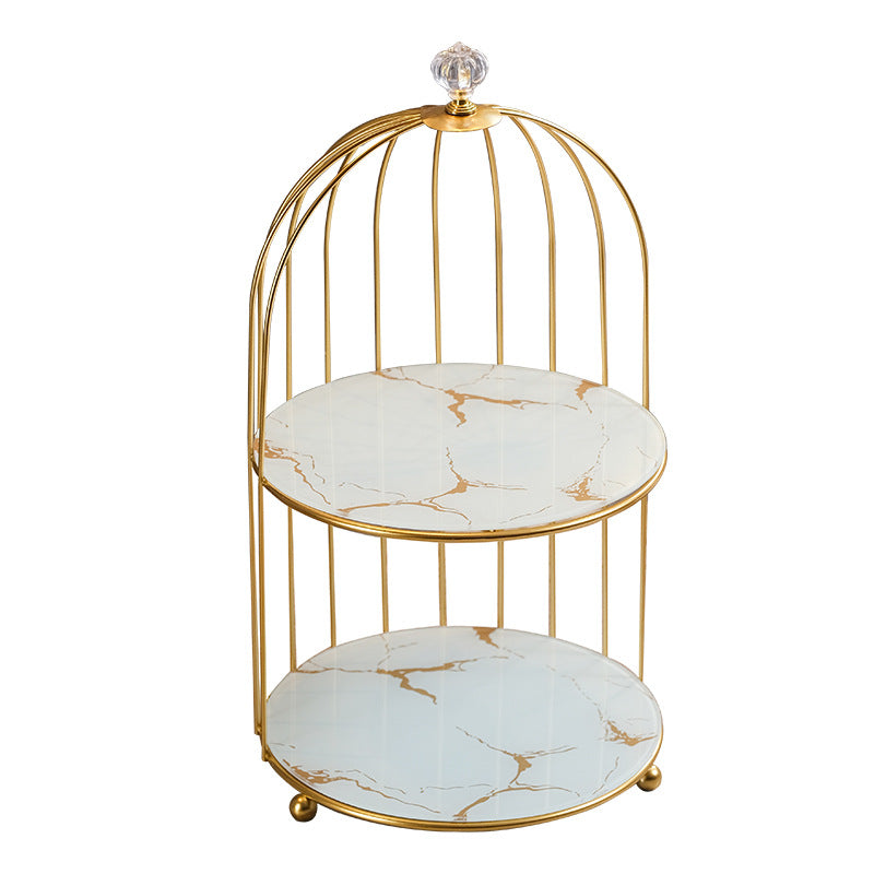 2-Tier Gold Birdcage Cosmetic Organiser, Gold & White Wrought Iron Countertop Rack