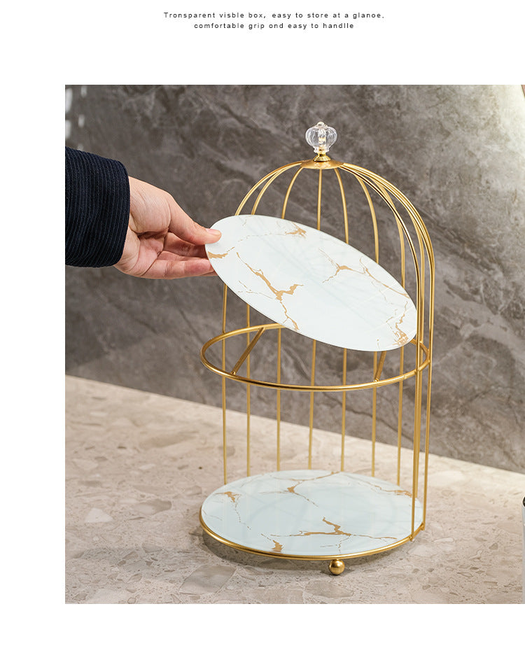 2-Tier Gold Birdcage Cosmetic Organiser, Gold & White Wrought Iron Countertop Rack 2