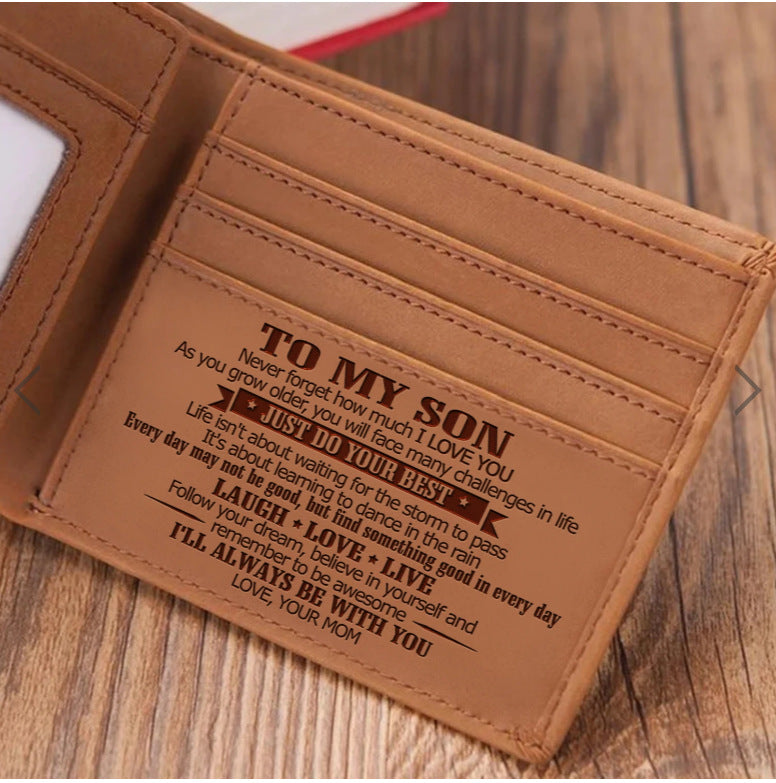 To My Son Embossed Leather Wallet, RFID Blocking, Love Mom Gift