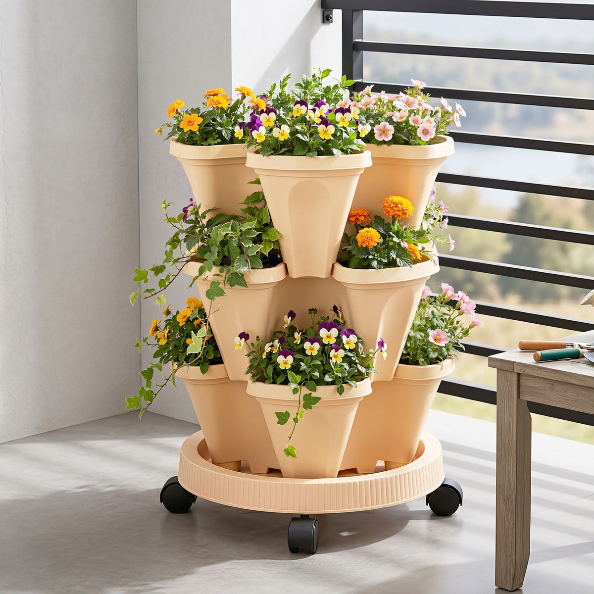 Green Fingers 3 Tier Stackable Vertical Planter Tower Strawberry Pot Wheels