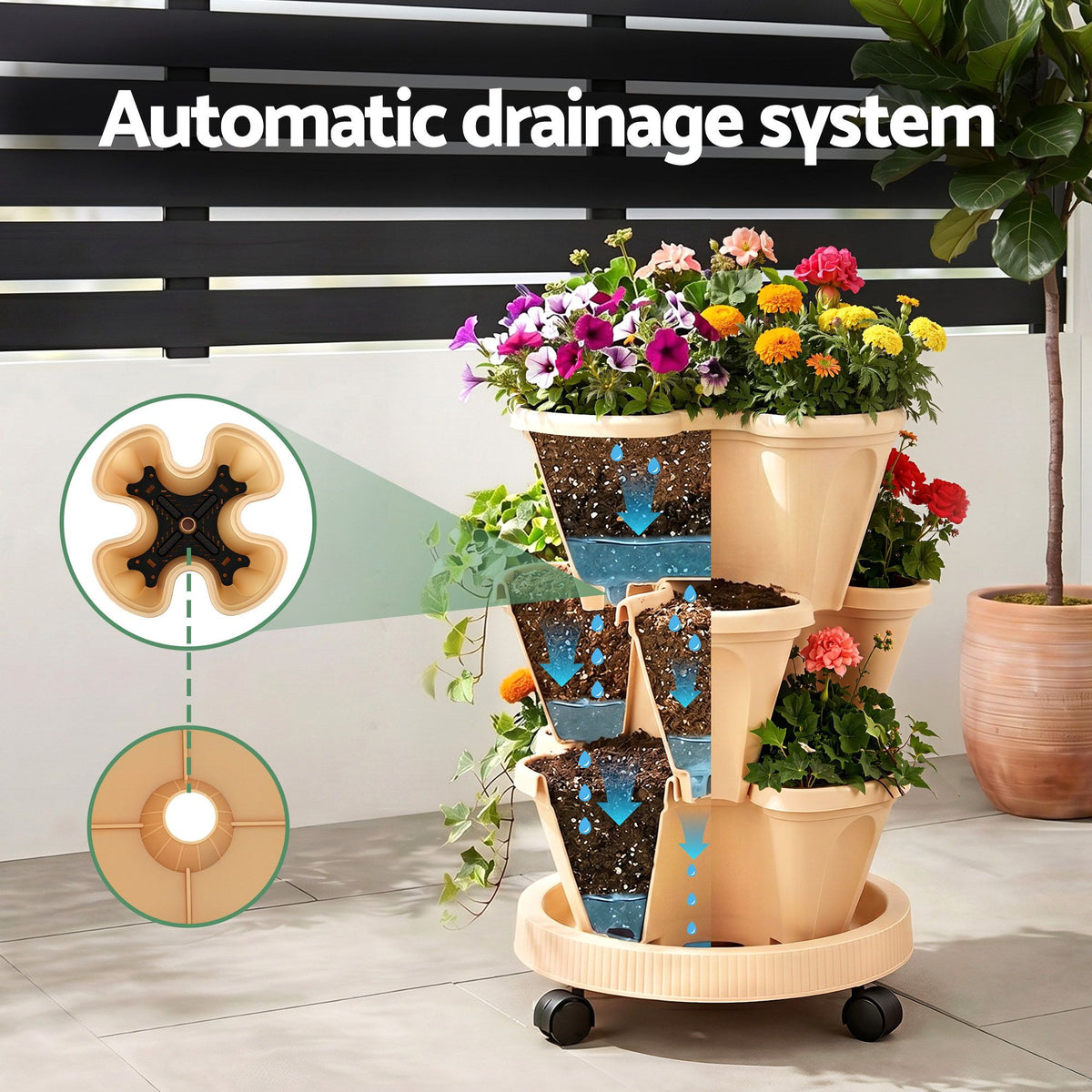 Green Fingers 3 Tier Stackable Vertical Planter Tower Strawberry Pot Wheels