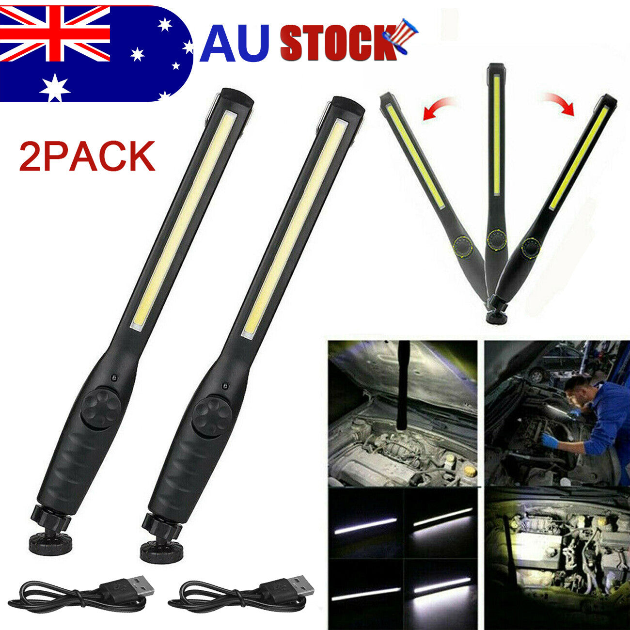 Kings of Rechargeable Work Light Magnetic Base LED USB Rechargeble Light 2 PACK