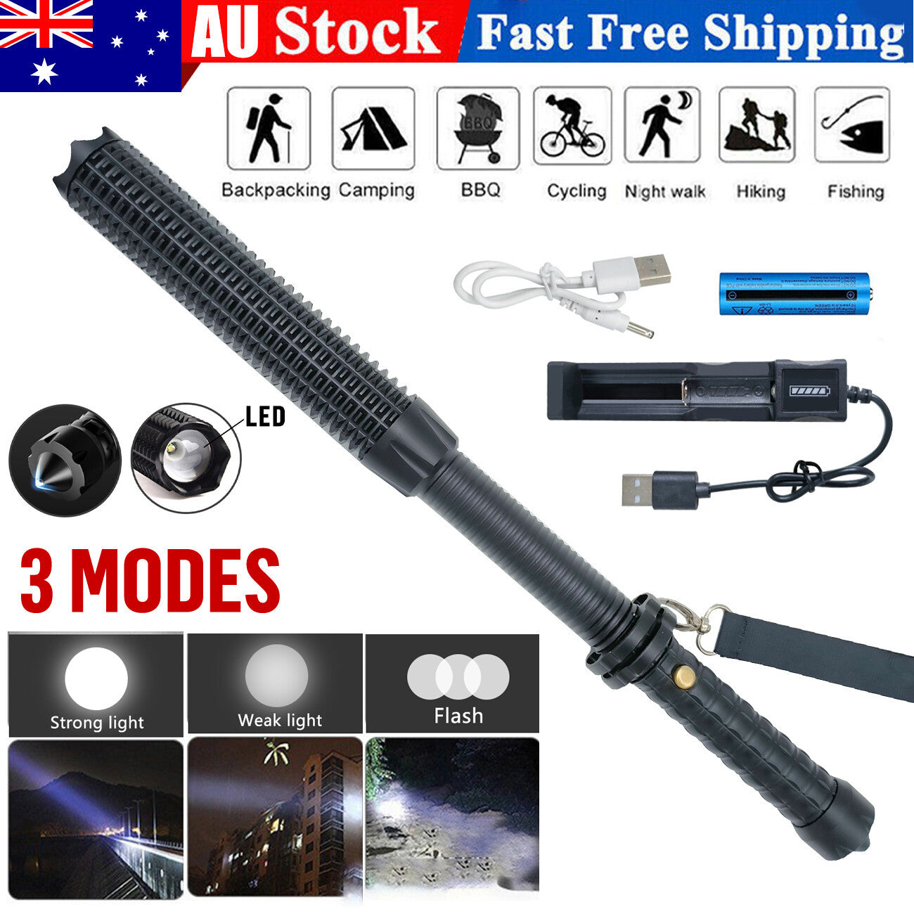 Security Flashlight Zoom Rechargeable Torch Spotlight.